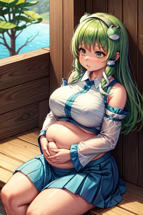 1girl, big belly, chubby arms, thick thighs, art by kipteitei, kochiya sanae, hair tubes, frog hair ornament, snake hair ornament, shirt, long sleeves, wide sleeves, blue skirt, embarrassed, big, looking down, poking belly, flushed, sitting on the floor, h...