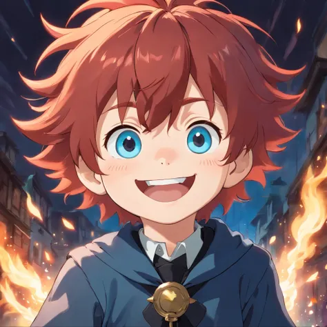 Little boy with shaggy red hair and blue eyes, black regal outfit, laughing

