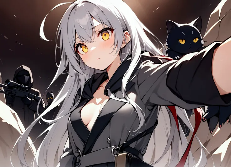 Gray Cat Ears、Gray Cat Ears、Gun on shoulder、(masterpiece, best quality:1.2), 1girl, solo,Black military uniform、Looking through the scope、Point your gun at us、Grey long hair、Ahoge、Yellow Eyes、Ready your gun?、sniper rifle、Background of military bases、Fishey...