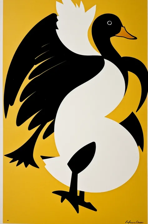 Silhouette of a yellow animated duck with black tuxedo with white showing its feet 