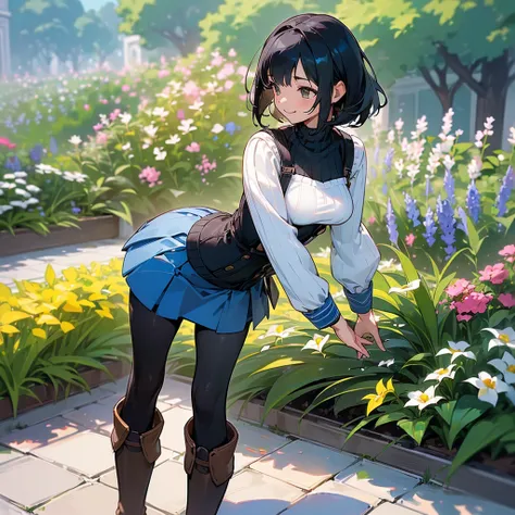 (high quality, High resolution, Very detailed, reality:1.37), Peaceful atmosphere, (Outdoor, garden), Teenage girl standing alone, (my breasts are big.), Beautiful details, Cute Smile, (Black bob hair), Ribbed sweater, Blue Skirt, Black tights, Brown boots...