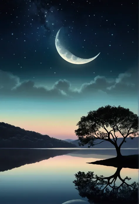 A serene, moonlit landscape, a crescent moon illuminating the tranquil scene, lush rolling hills in the distance, a lone tree silhouetted against the night sky, a reflective lake mirroring the celestial beauty, ethereal atmosphere, muted color palette, sof...