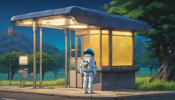 Cute spaceman waiting at moon bus stop, Hayao Miyazaki style, Studio Ghibli style, masterpiece, 