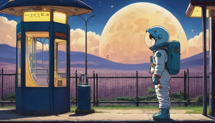 Cute spaceman waiting at moon bus stop, Hayao Miyazaki style, Studio Ghibli style, masterpiece, 