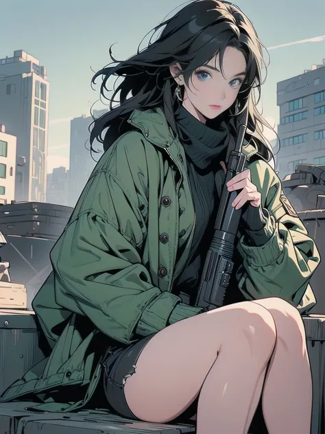 One girl, Chinon 1, scarf, Fingerless gloves, Long sleeve, Short black shorts, hair ornaments, Hair Clip, Green thighs, Green jacket, Thigh straps, number de cowboy, Holding a gun, sniper rifle, Remains, Sitting, (Sword Art Online), range, Using a sniper, ...