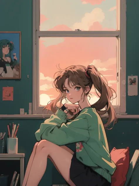 anime girl sitting on floor looking out window at city, anime aesthetic, anime vibes, Lofi Artstyle, Lo-fi portrait by the window, Watching the sunset. anime, Lofty Girl, anime art wallpaper 4 k, anime art wallpaper 4k, anime art wallpaper 8 k, anime backg...