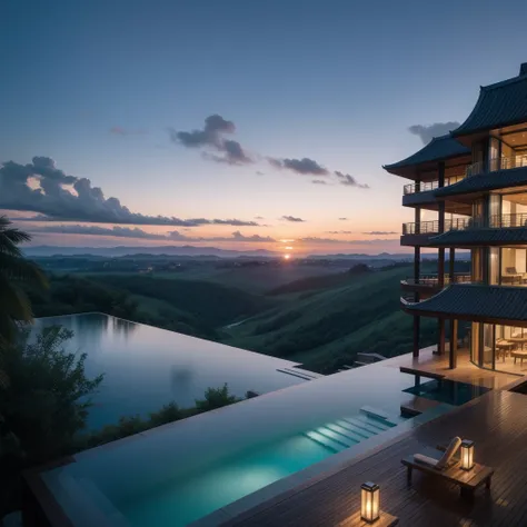 Zaha Hadid style hotel tower with wood and metal texture, hotel with infinity pool, rural landscape at dusk in high quality, 8k UHD