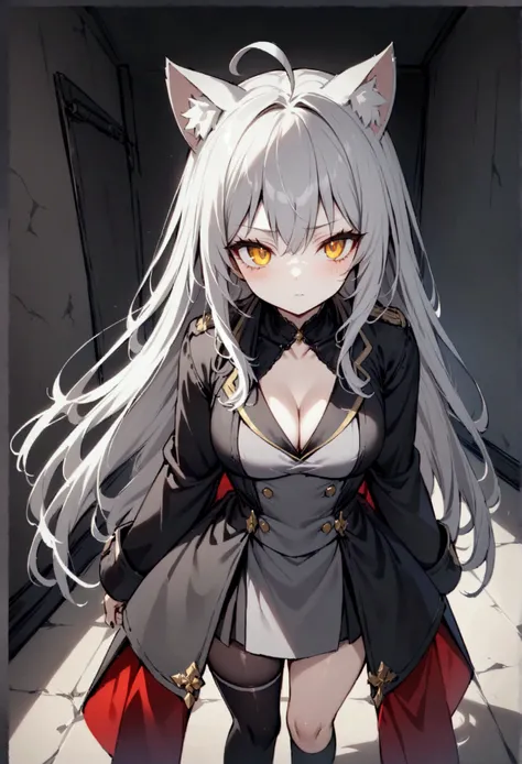 Pitch black room、Exquisite shadow expression、Pitch black、darkness、Surrounded by enemieasterpiece, best quality:1.2), 1girl, solo、Gray cat ears、Point your gun at us、Grey long hair、Ahoge、Yellow Eyes、Gray cat ears、Background of military bases、Fisheye Lens、bat...