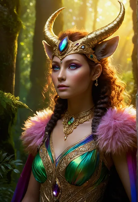 A beautiful, enchantingly elusive humanoid faunus woman, every aspect exudes magic in the midst of danger: shimmering rainbow fur, ethereal golden horn, and eyes that seem to hold the secrets of the universe. The mystical creature is surrounded by a lush, ...