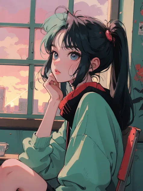 anime girl sitting on floor looking out window at city, anime aesthetic, anime vibes, Lofi Artstyle, Lo-fi portrait by the window, Watching the sunset. anime, Lofty Girl, anime art wallpaper 4 k, anime art wallpaper 4k, anime art wallpaper 8 k, anime backg...