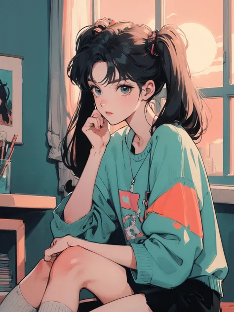 anime girl sitting on floor looking out window at city, anime aesthetic, anime vibes, Lofi Artstyle, Lo-fi portrait by the window, Watching the sunset. anime, Lofty Girl, anime art wallpaper 4 k, anime art wallpaper 4k, anime art wallpaper 8 k, anime backg...