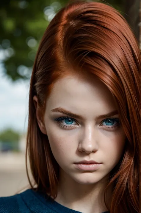 Redhead girl dark eyebrows green eyes with blue look serious and distrustful 