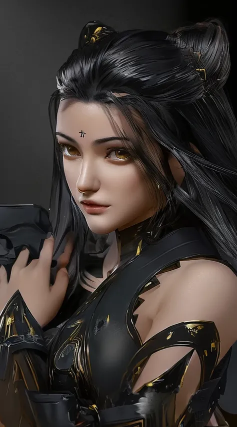 Create a realistic image of Zhu Zhuqing from "Soul Land" at 16 years old. She should have long, straight, and shiny black hair, typically worn loose. Her eyes are a distinctive amber gold, large and expressive, with a penetrating gaze. She has clear, fair ...