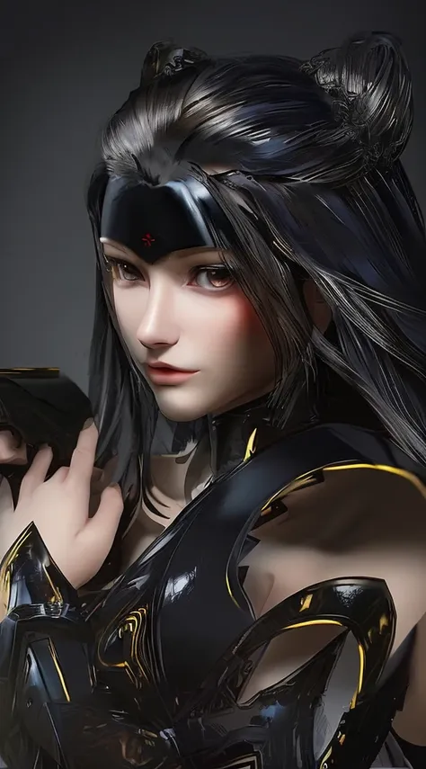 Create a realistic image of Zhu Zhuqing from "Soul Land" at 16 years old. She should have long, straight, and shiny black hair, typically worn loose. Her eyes are a distinctive amber gold, large and expressive, with a penetrating gaze. She has clear, fair ...