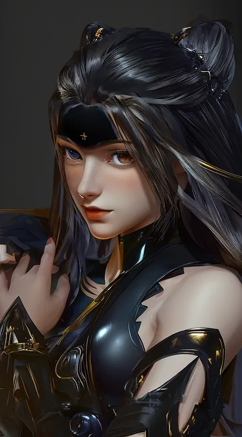 Create a realistic image of Zhu Zhuqing from "Soul Land" at 16 years old. She should have long, straight, and shiny black hair, typically worn loose. Her eyes are a distinctive amber gold, large and expressive, with a penetrating gaze. She has clear, fair ...