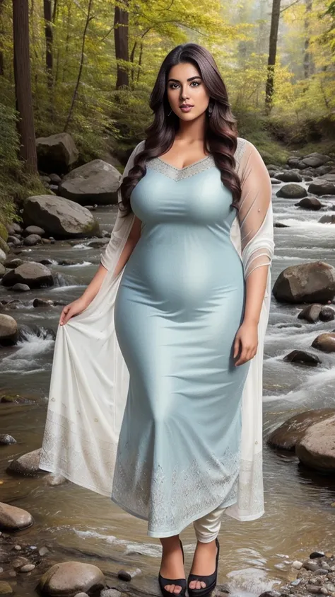 a hyper-realistic full body view photo of a young curvy plus size beautiful indian woman wearing Subtle Jacquard Dupatta with Kurta Ensemble standing in Crystal Creek Crossing, m-cup breasts, curvy plus size hourglass body, 22 years old, realistic, sexy,sh...