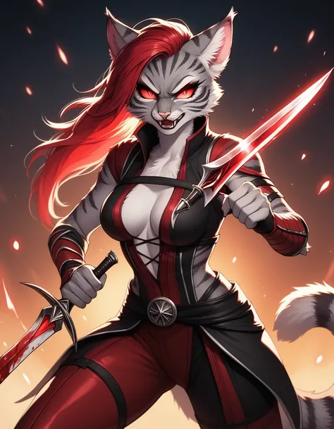 score_9,score_8_up,score_7_up, kemono style, Kat, Anthro furry feline, silver fur, grey stripes on body, glowing red eyes, long red hair, undercut hair, pink nose, :3, she is dressed as Skarlet from Mortal Kombat, cosplaying Skarlet from mortal mom at, evi...