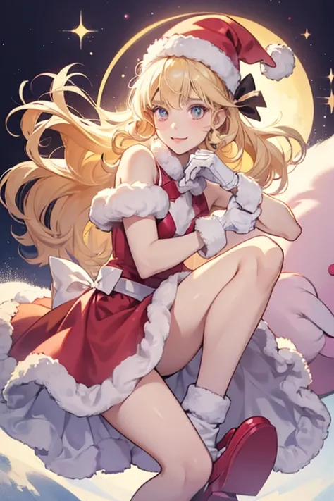 Noelle is a medium-skinned girl with very pale pink cheeks and blonde curled hair accented with a fuchsia bow on each side of her head. She wears a red dress with white fluffy trim around the neck and hemline, matching the Santa cap on the top of her head....