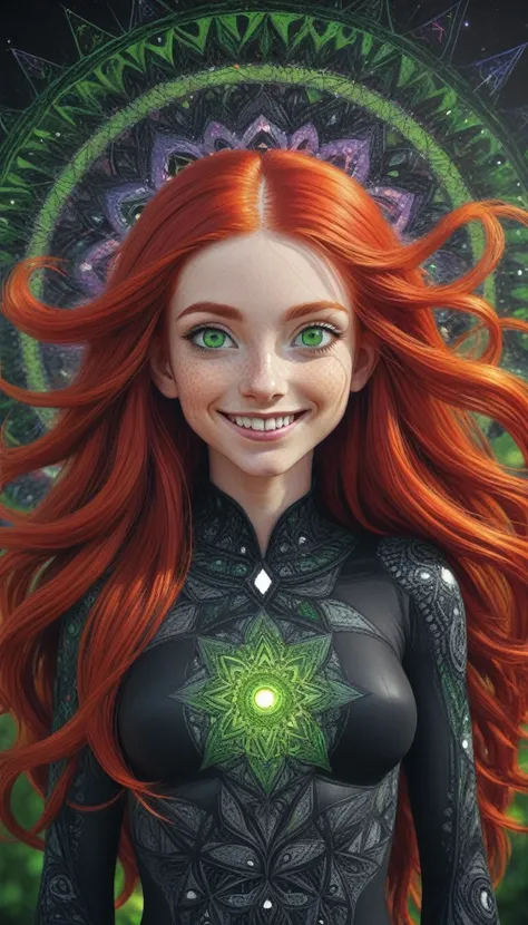 1girl,(long hair, bright red hair,green eyes, smile, black costume),(zentangle, mandala, tangle, entangle:0.6),(fractal art),the most beautiful form of chaos,brutalist designed,hting,sharp focus,physically-based rendering,extreme detail description,profess...