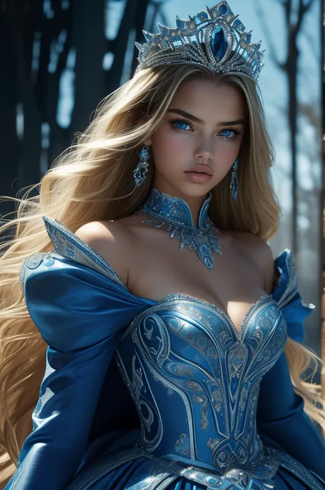 16 year old Adriana Lima, ultra detailed face, ultra detailed blue eyes, long blonde hair, (dress), tiara, winter, (((masterpiece)))