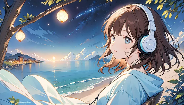 Girl wearing headphones,Brown Hair,1 person,bright,「Quiet night breeze」