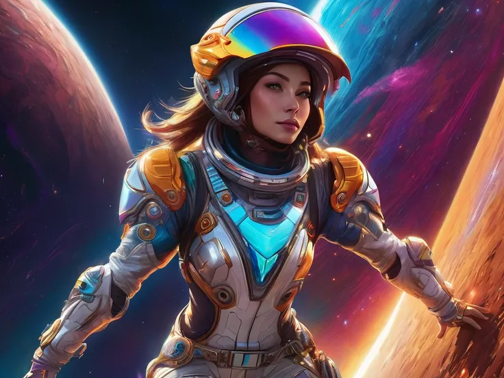 Riding the fiery tail of a comet in the vast expanse of space, the Intergaláctic cowgirl is depicted with colorful and intricate detail. Her space suit gleams with metallic sheen, adorned with futuristic embellishments and glowing neon accents. The atmosph...