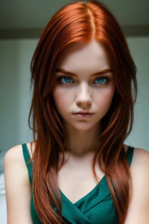 Redhead girl dark eyebrows green eyes with blue look serious and distrustful 