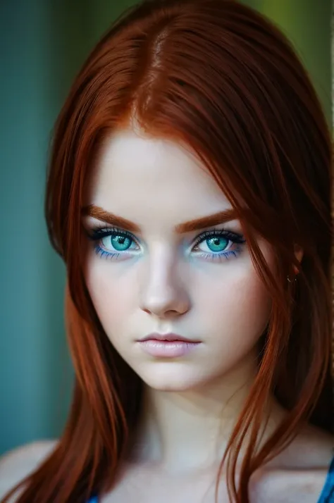 Redhead girl dark eyebrows green eyes with blue look serious and distrustful 