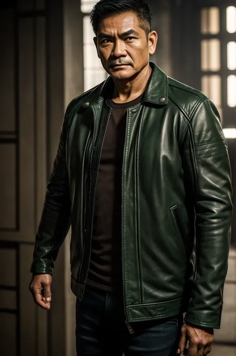 make character of my action film and his name is " Jim ". This man is filipino in age of 53, but look like 30 years old and attractive because of nose and eyebrow. Wearing leather jacket color dark green and holding pistol. The facial expression of this ma...