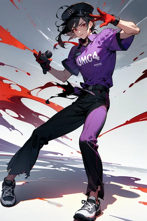 (best qualityer)4k resolution make a black shadow adult man with black hair back with a microphone and with the cap on the left side holding a microphone with the Flamengo shirt with normal pants ripped at the knee with a purple blouse inside and with torn...