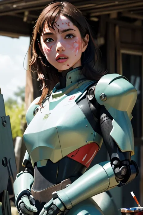 ８ｋ,Realistic skin texture、Superrealism、Realistic photos、Near future軍所属の日系女性パイロットが大型ロボットの腹部に設置されたコックピットに乗っている、Damaged moss green combat armored robot、Skull mark on armor、Near future、Unit Paint and Identification Number、Peeling paint、oil stains、Detailed Desc...