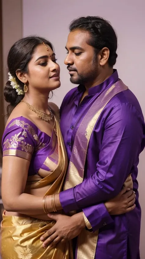 a  50-year-old shirtless man  affectionately hugging and kissing aradiant, full-figured South Indian plus-sized 30 year old teacher wearing a violet silky saree in  dressing room, captured in a full-body image with vibrant hues and meticulous details. Full...