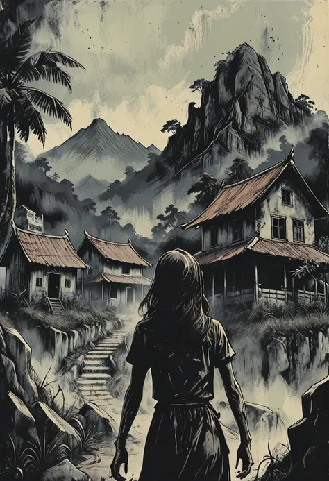 a woman zombie hand coming out from the terrain in a muslim graveyard. Can see a traditional Malay village house in distance. background of tropical forest and a mountain.