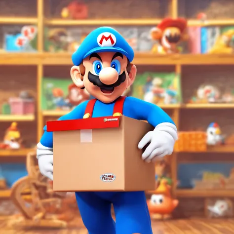 A Mario bros with very big eyes with a tender style and the clothes he is wearing are blue and in his hands he is carrying a box y las manos tienen 5 dedos 