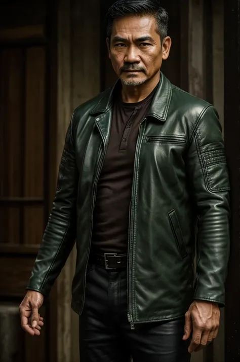 make character of my action film and his name is " Jim ". This man is filipino in age of 53, but look like 30 years old and attractive because of nose and eyebrow. Wearing leather jacket color dark green and holding pistol. The facial expression of this ma...