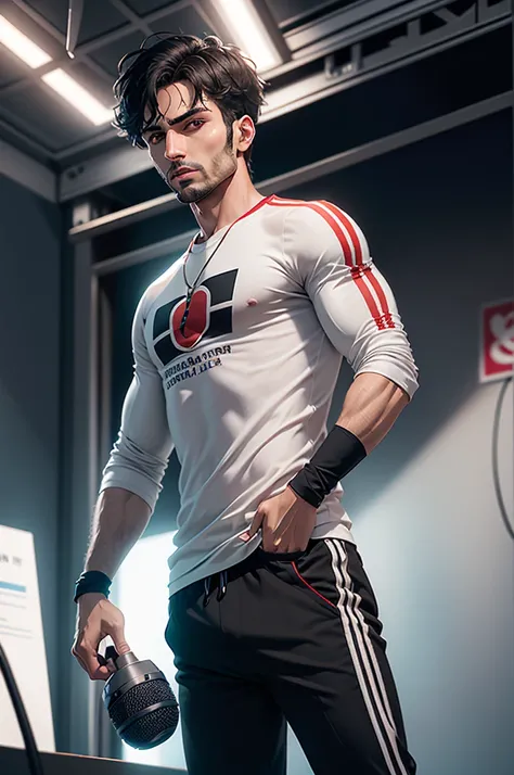 (best qualityer)4k resolution make a black shadow adult man with black hair back with a microphone and with the cap on the left side holding a microphone with the Flamengo shirt with normal pants ripped at the knee with a purple blouse inside and with torn...