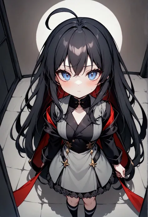 Pitch black room、Exquisite shadow expression、Pitch black、darkness、Surrounded by enemieasterpiece, best quality:1.2), 1girl, solo、Point your gun at us、blue long hair、Ahoge、blue Eyes、Background of military bases、Fisheye Lens、battlefield、Shadows of light and ...