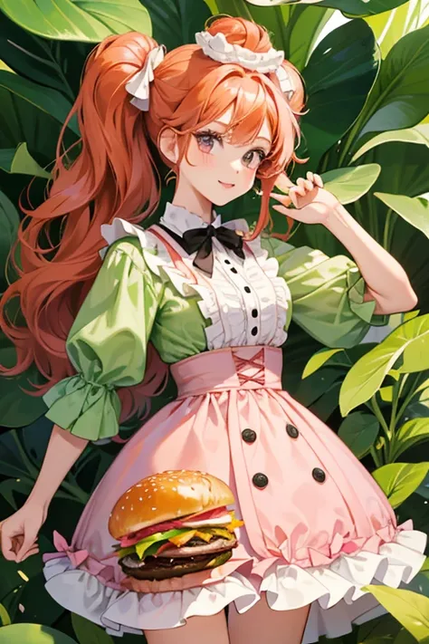 Patty is a fair-skinned girl with black button eyes and pink cheeks. She has orange-red hair and has two burgers in hair to pose as buns. She wears a big pink hair bow. She has a tan dress with leafy green ruffles and pink and brown sleeves (looking like m...