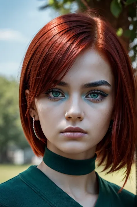 A girl with red hair, black eyebrows, thin face, eyes in a mix of blue and green, like green in the center and blue outside. With a judging and serious look.