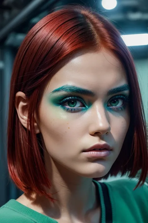 A girl with red hair, black eyebrows, thin face, eyes in a mix of blue and green, like green in the center and blue outside. With a judging and serious look.