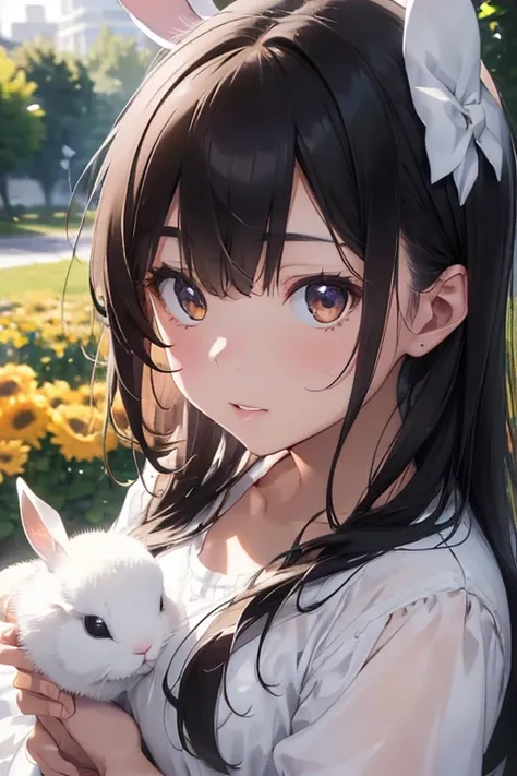 Detail, realism, 4k, 15-year-old girl, face detail, large yellow eyes, plump lips, upturned nose, gray hair with pink strands, in a white dress, with a rabbit in her hands, flowers in the background, white butterflies in the foreground, realistic shooting,...