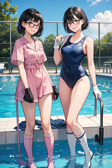 Two high school girls with black hair, glasses, and bob hair, wearing navy blue school swimsuits and large pink rubber gloves and white rubber boots, smiling as they clean the school pool.