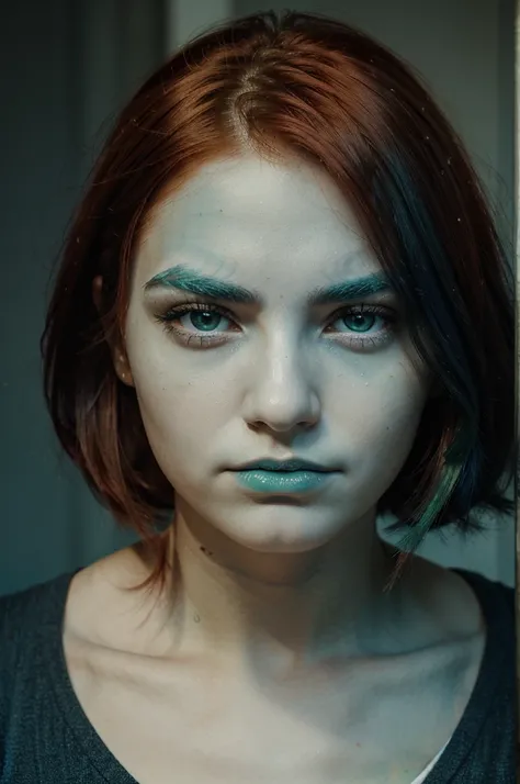 A girl with red hair, black eyebrows, thin face, eyes in a mix of blue and green, like green in the center and blue outside. With a judging and serious look.