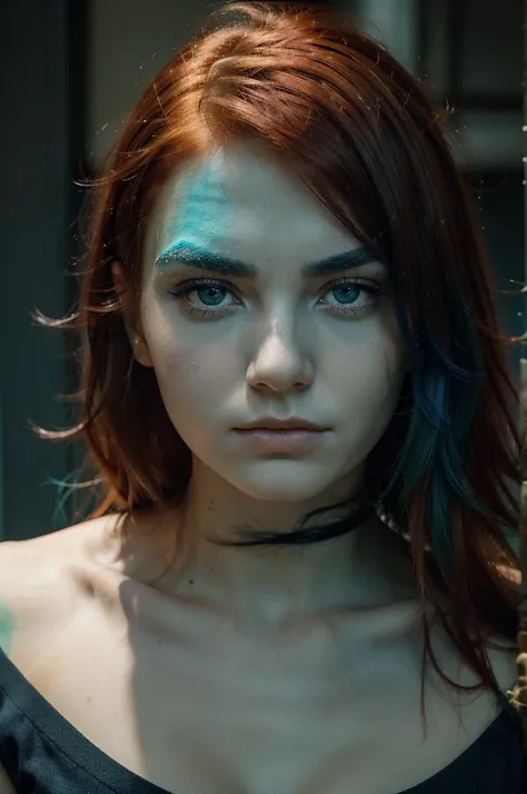 A girl with red hair, black eyebrows, thin face, eyes in a mix of blue and green, like green in the center and blue outside. With a judging and serious look.