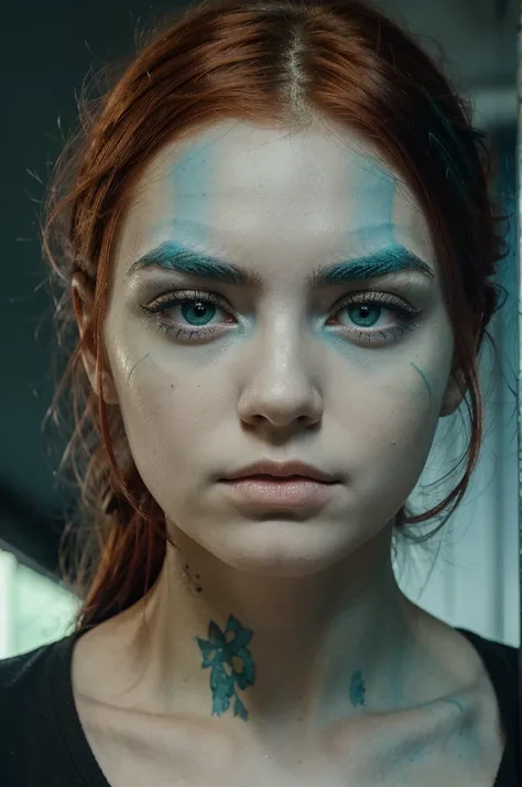 A girl with red hair, black eyebrows, thin face, eyes in a mix of blue and green, like green in the center and blue outside. With a judging and serious look.