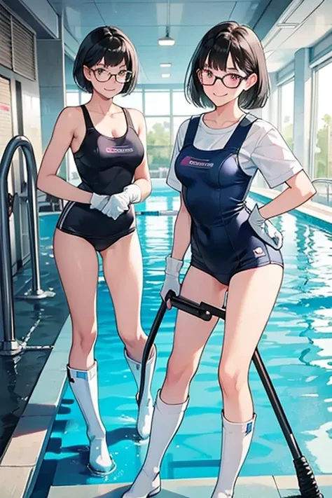 Two high school girls with black hair, glasses, and bob hair, wearing navy blue school swimsuits and large pink rubber gloves and white rubber boots, smiling as they clean the school pool.