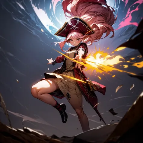 1girl, Full body version, 1character, girl version, black eyes, long Curly haircut, pink colour hair, ancient pirate style clothing, red colour clothing, Grassroots, background in the ship, motion blur, (pokemon style), standing gesture, pirate hat, motion...