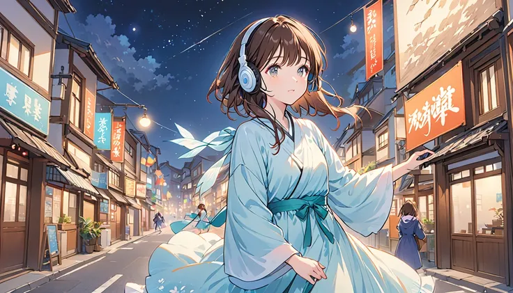 Girl wearing headphones,Brown Hair,1 person,bright,「Quiet night breeze」,In town