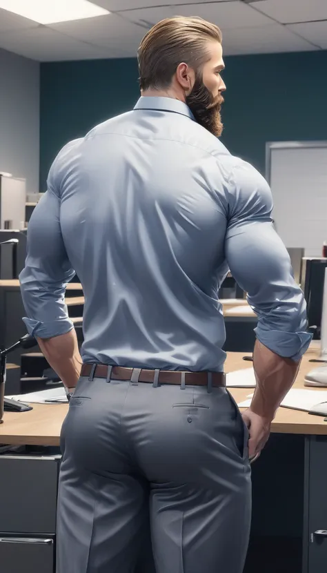 muscular man with beard from back showing his anus leaking cum in an office