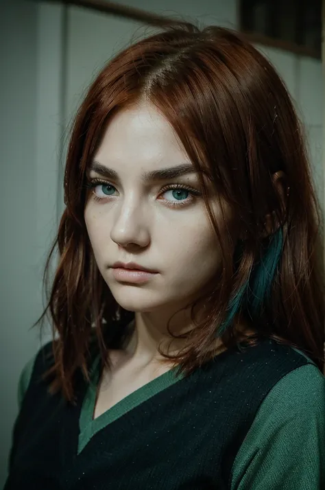 A girl with red hair, black eyebrows, thin face, eyes in a mixture of green and blue With a judging and serious look.